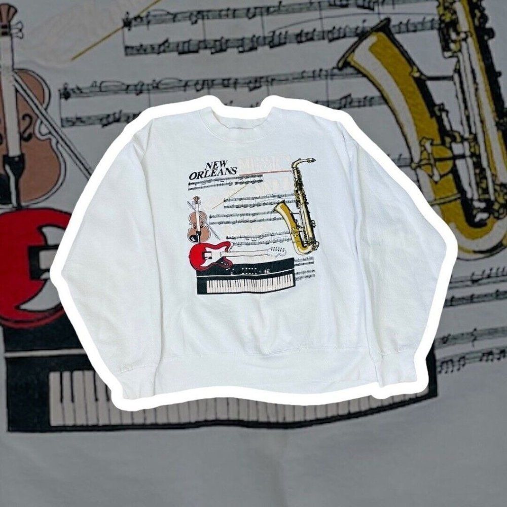 Vintage 80s BVD White New Orleans Sweatshirt XL Thrashed Music Jazz Instruments